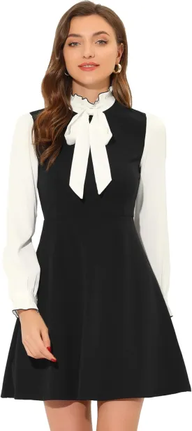 Allegra K Tie Neck Dresses for Women's 1960s Vintage Long Sleeve Contrast Color Dress