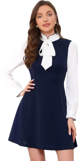 Allegra K Tie Neck Dresses for Women's 1960s Vintage Long Sleeve Contrast Color Dress