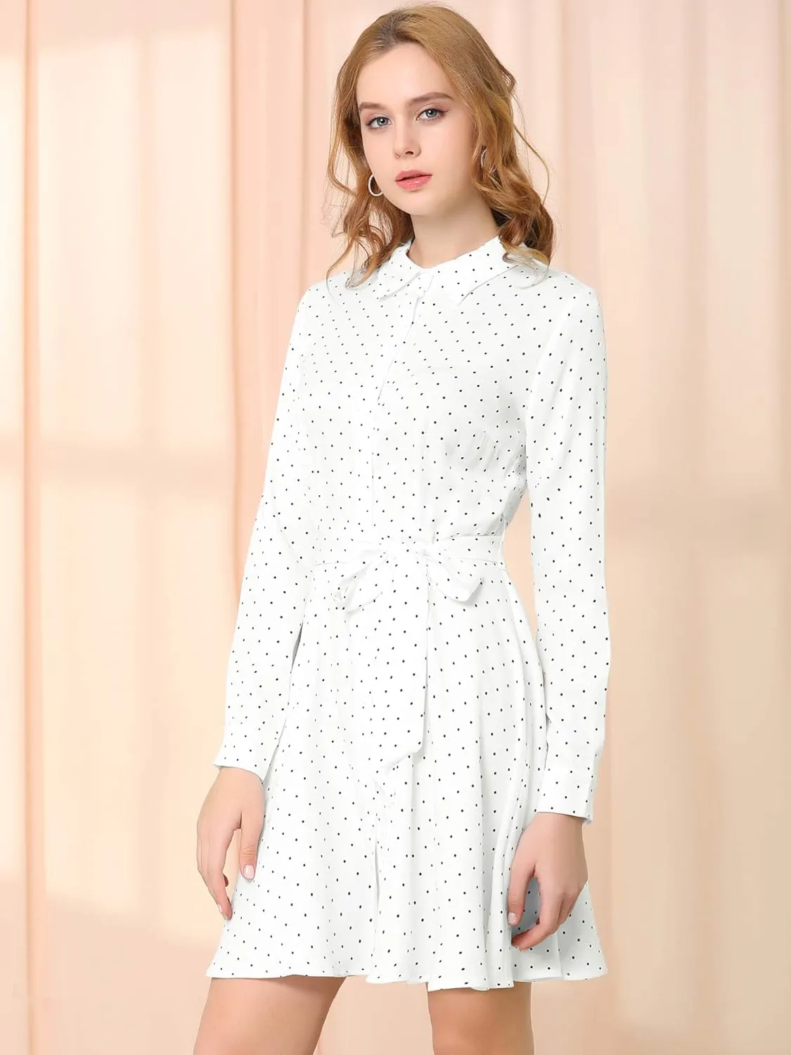 Allegra K Women's Button Down Long Sleeve Tie Waist Polka Dots Belted Shirt Dress