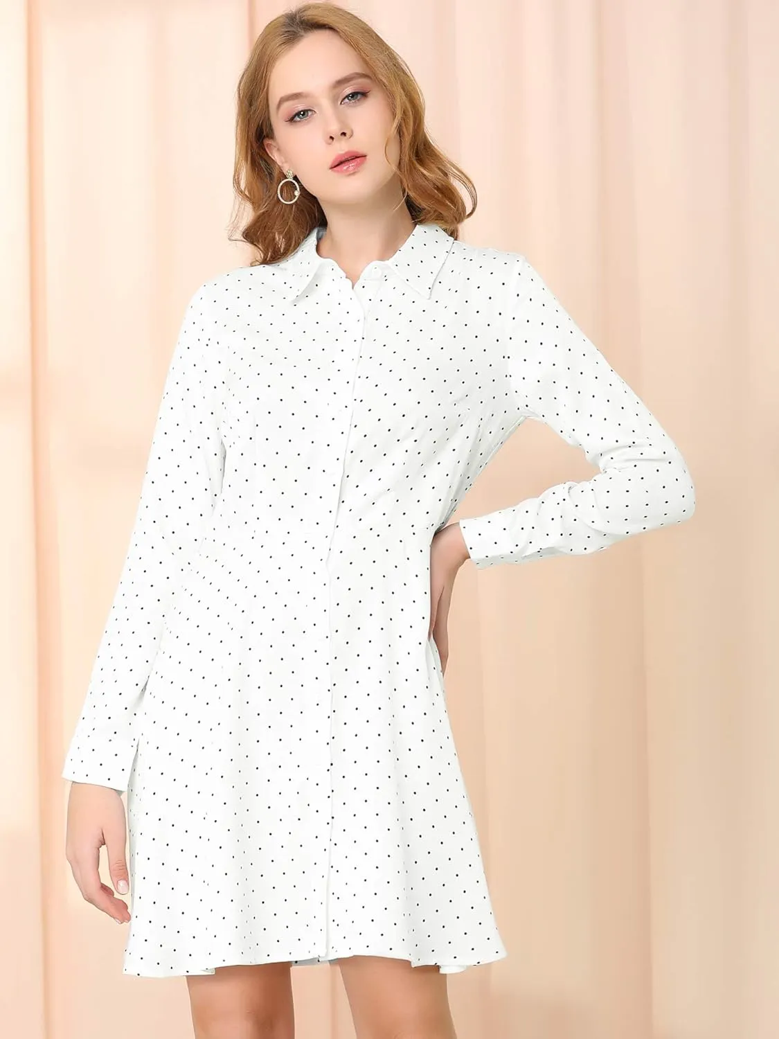 Allegra K Women's Button Down Long Sleeve Tie Waist Polka Dots Belted Shirt Dress