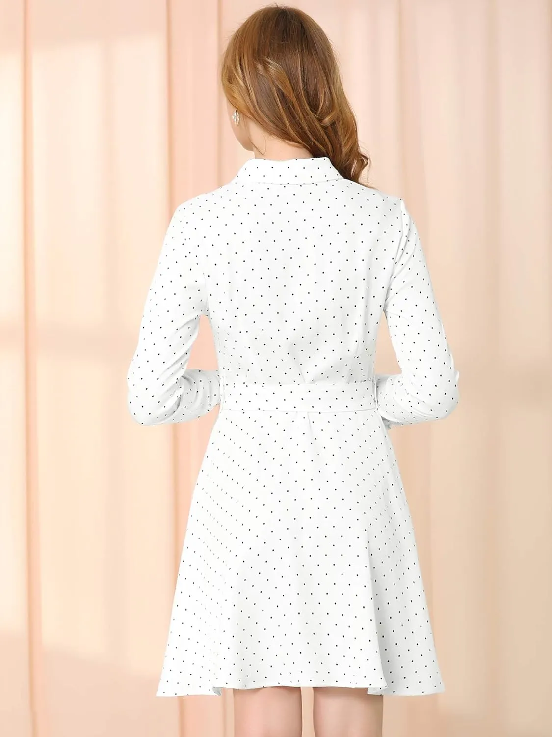 Allegra K Women's Button Down Long Sleeve Tie Waist Polka Dots Belted Shirt Dress