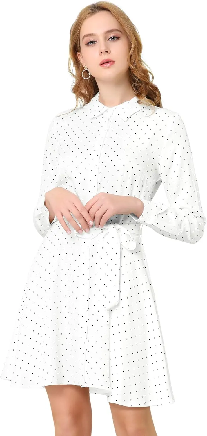 Allegra K Women's Button Down Long Sleeve Tie Waist Polka Dots Belted Shirt Dress