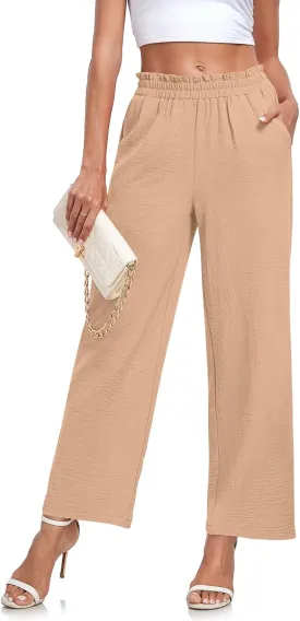 Anydeer Women Pants Loose Wide Leg Trousers Straight Casual Dressy Palazzo Ruffle High Waist Slacks with Pockets