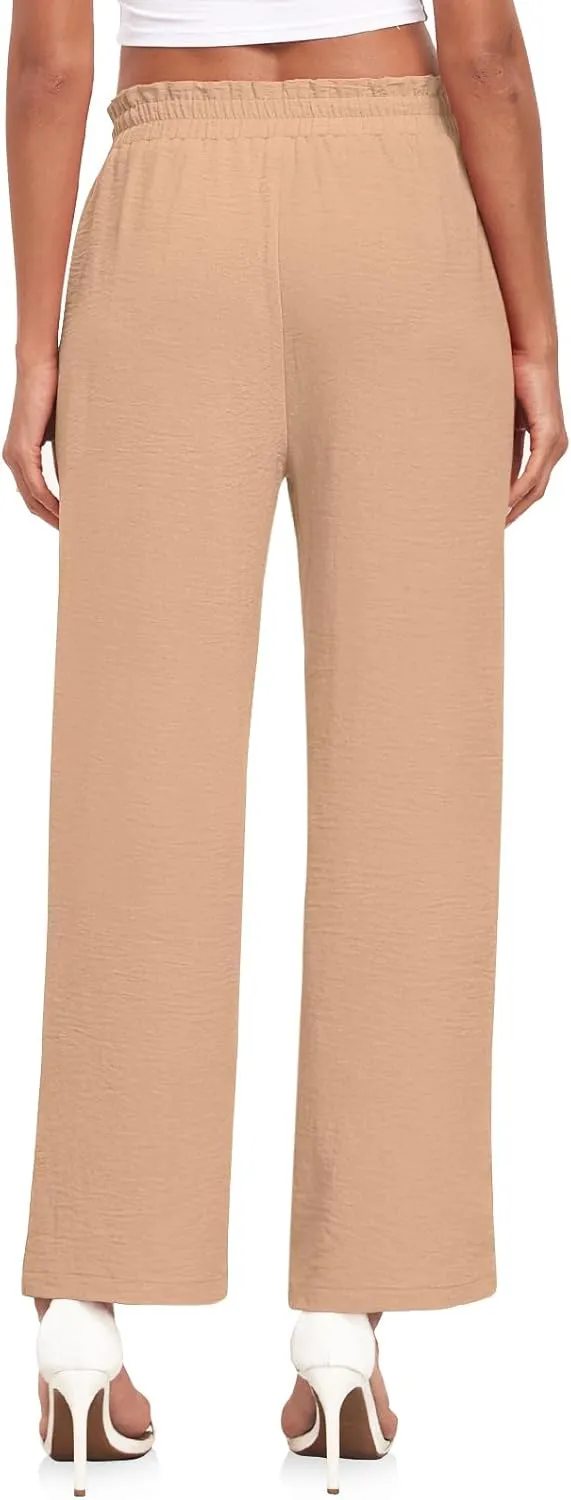 Anydeer Women Pants Loose Wide Leg Trousers Straight Casual Dressy Palazzo Ruffle High Waist Slacks with Pockets