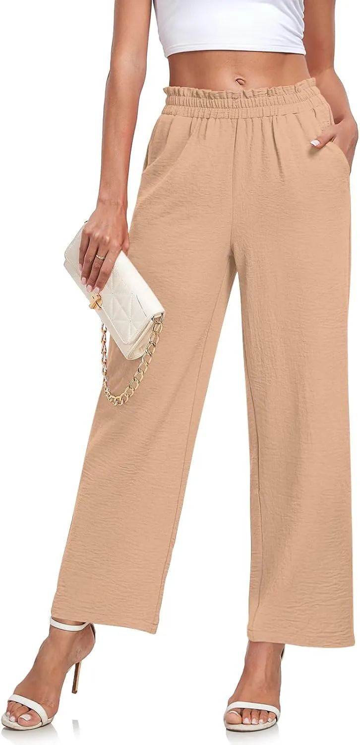 Anydeer Women Pants Loose Wide Leg Trousers Straight Casual Dressy Palazzo Ruffle High Waist Slacks with Pockets