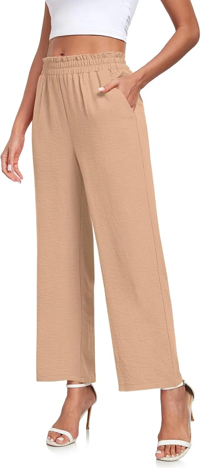 Anydeer Women Pants Loose Wide Leg Trousers Straight Casual Dressy Palazzo Ruffle High Waist Slacks with Pockets
