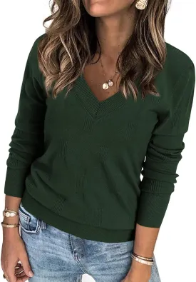 ATHMILE Women's Fall Tops 2025 Fashion Trendy Pullover Sweater V Neck Long Sleeve Shirt Knit Blouse Clothes Outfits