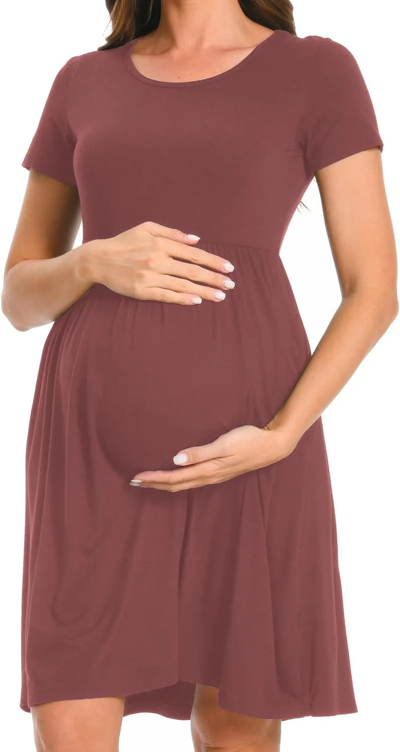 Bearsland Womens Long Sleeve Maternity Dresses Patchwork Pregnancy Dress with Pocket