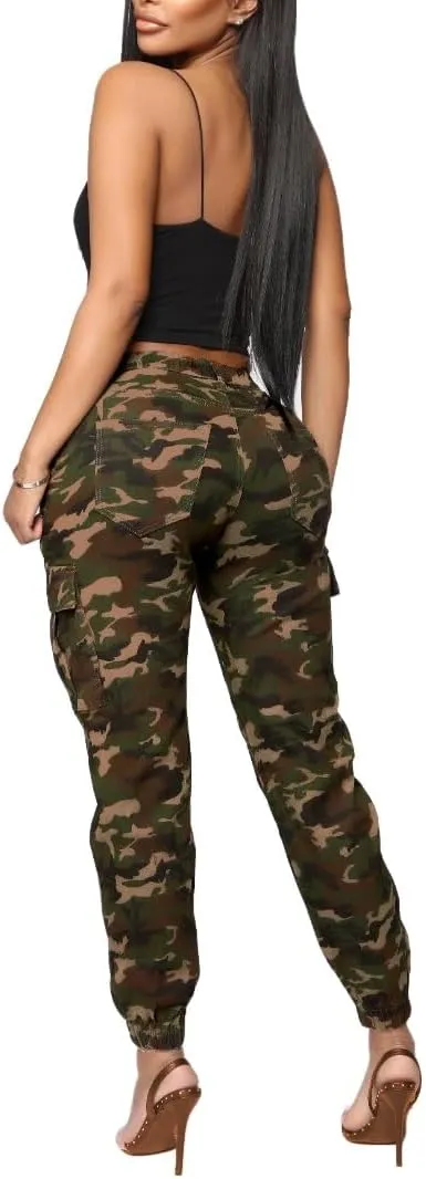 BWN Women's Camo Cargo Jogger Pants  Slim Fit Army High Waisted Joggers Fatigue Elastic Waistband Tapered Camouflage Trouser
