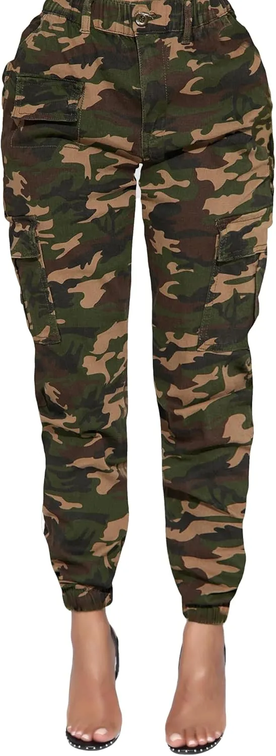 BWN Women's Camo Cargo Jogger Pants  Slim Fit Army High Waisted Joggers Fatigue Elastic Waistband Tapered Camouflage Trouser