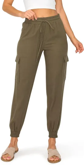 Cali1850 Women's Linen Joggers Pants - Oceanside Drawstring Elastic Waist Casual Lounge Tapered Leg Trousers with Pockets