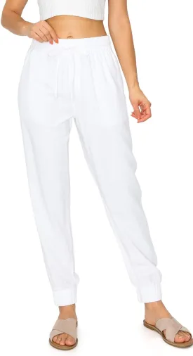 Cali1850 Women's Linen Joggers Pants - Oceanside Drawstring Elastic Waist Casual Lounge Tapered Leg Trousers with Pockets