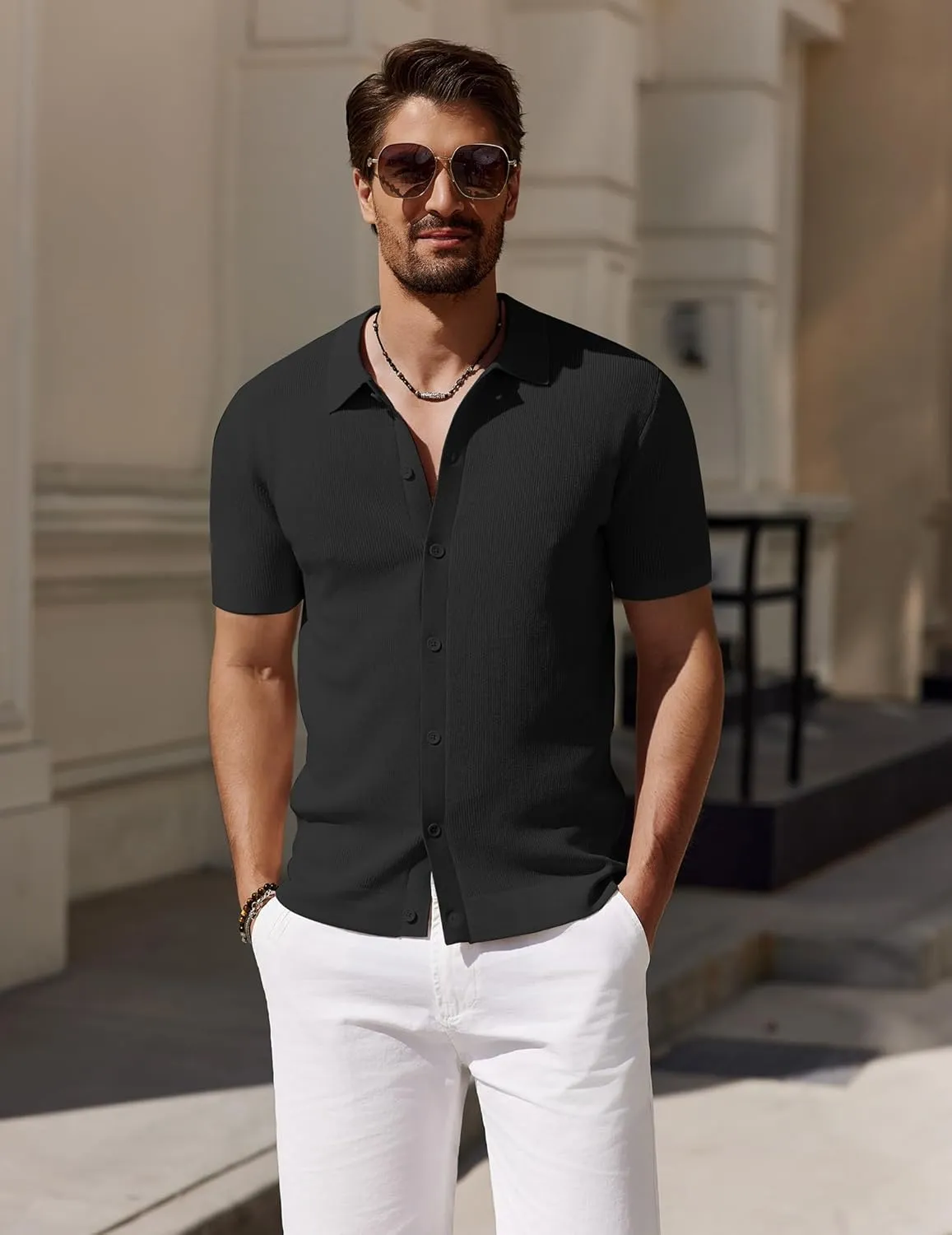 COOFANDY Men's Vintage Knit Shirt Short Sleeve Button Down Polo Shirts for Summer Casual & Vacation