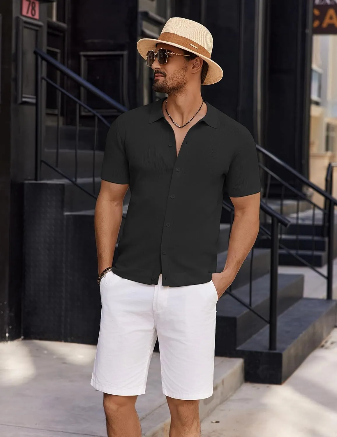 COOFANDY Men's Vintage Knit Shirt Short Sleeve Button Down Polo Shirts for Summer Casual & Vacation