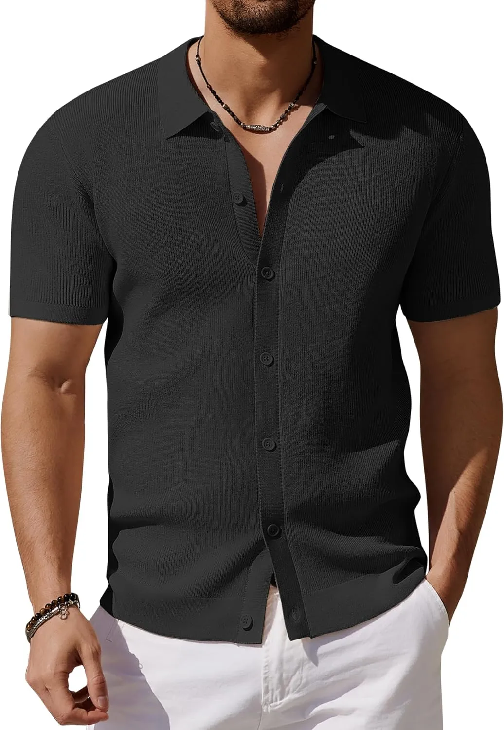 COOFANDY Men's Vintage Knit Shirt Short Sleeve Button Down Polo Shirts for Summer Casual & Vacation