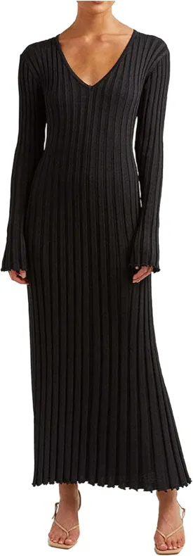 ECDAHICC Women's Sexy Ribbed Knit Sweater Dress Casual Long Sleeve V Neck Bodycon Pleated A Line Long Dress Streetwear