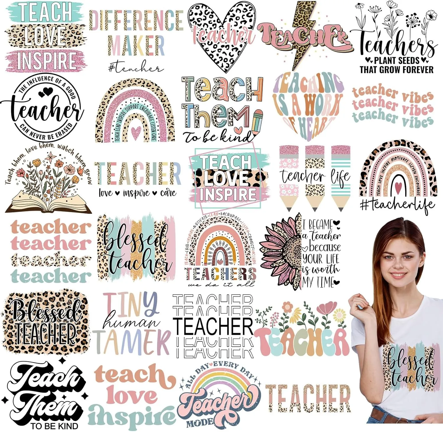 Estune 30 Pcs Teacher Iron on Transfers Patches Decals Retro Thank You Teachers' Day Appliques Rainbow Iron on Decals for T Shirts Vinyl Heat Sticker for Clothes Bag Appreciation Gifts DIY Decorations