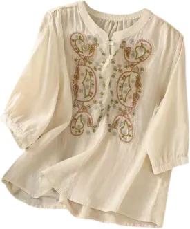 Floral Embroidered Tops for Women Cotton Linen Shirts Boho Ethnic Style Peasant 3/4 Sleeve V Neck Button Tunic Tshirt