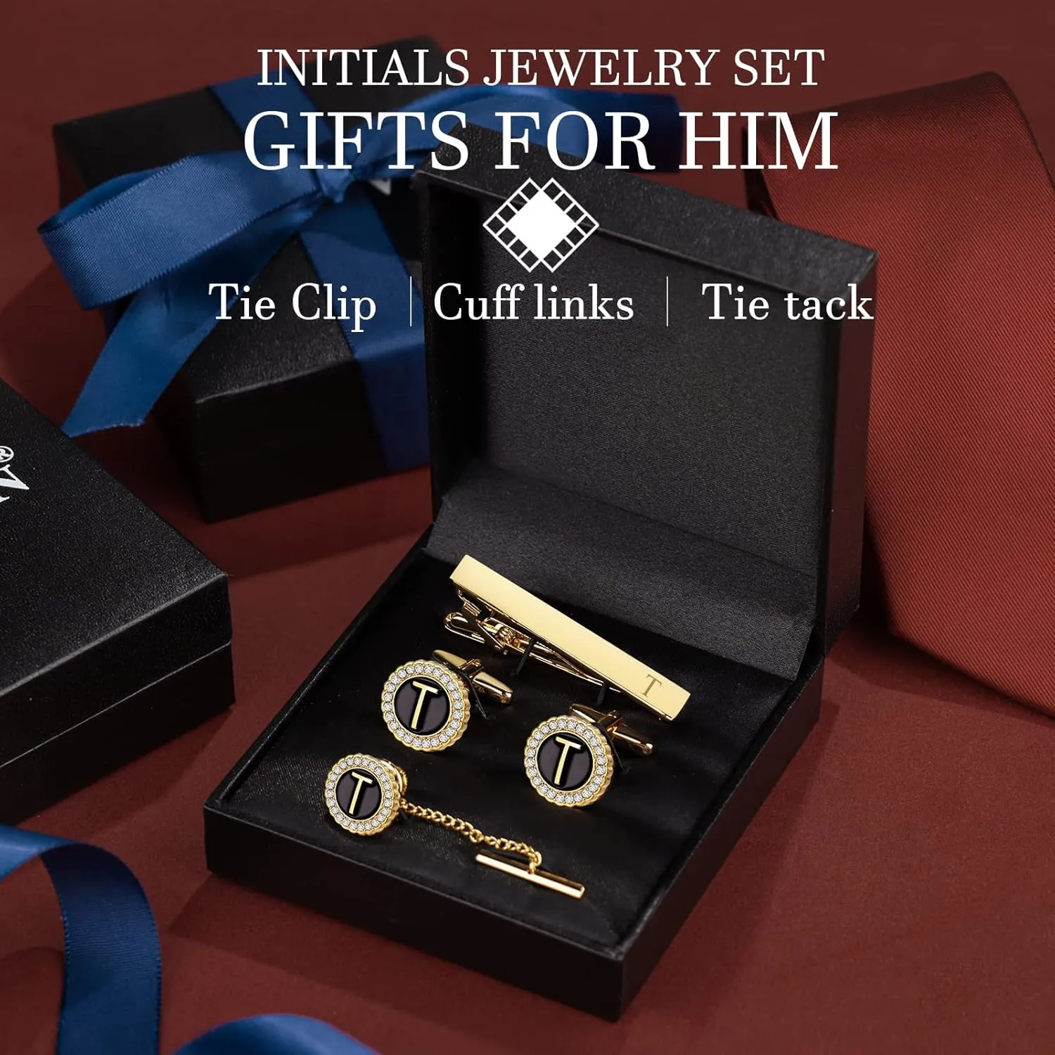 HAWSON Tie Clips, Cufflinks, Tie Tack & Lapel Pins for Men - Suitable for Neckties and French Cuff or Dress Shirt Suits - Jewelry Box Packed, Initials Designed