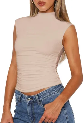 IWD Womens Mock Neck Sleeveless Tops Summer Fitted Tank Tops Sleeveless Shirts Side Ruched Basic Tops(Apricot,Small)