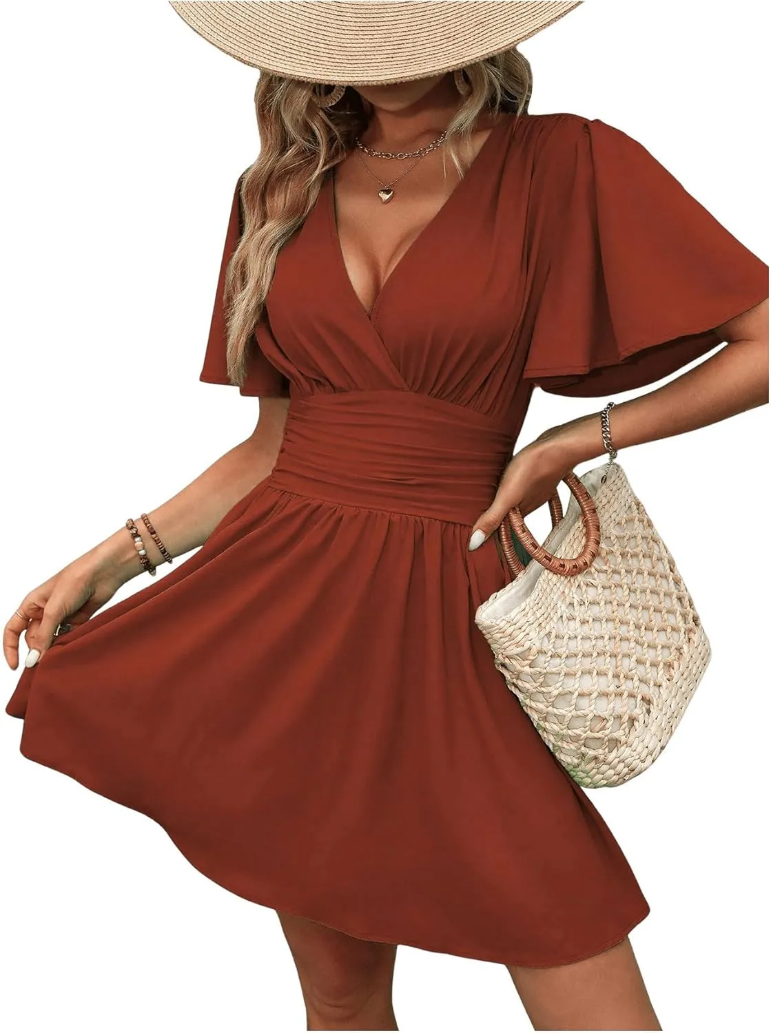 Milumia Women's Summer Ruched A Line Wrap Mini Dress Short Sleeve V Neck Swing Short Dress