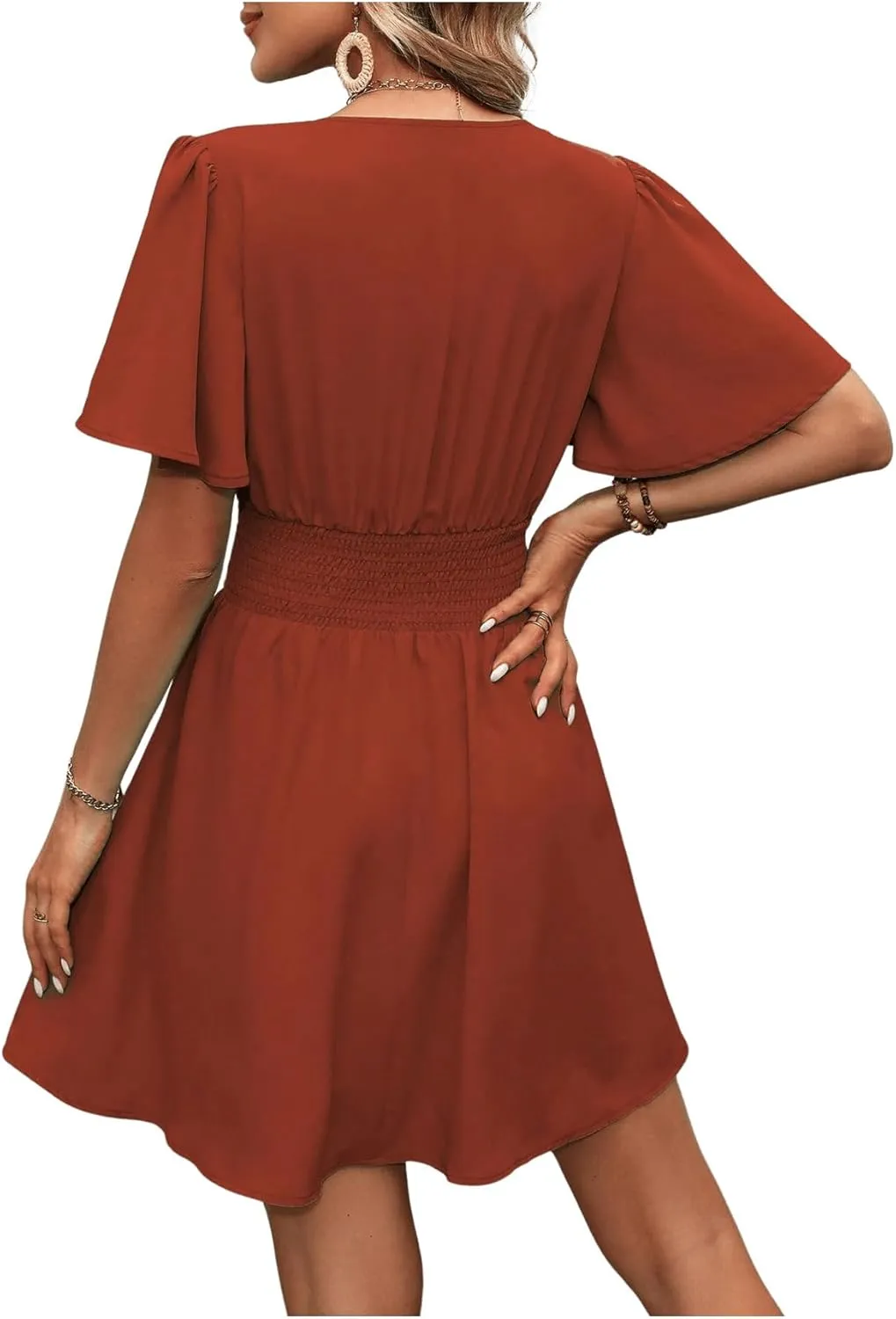 Milumia Women's Summer Ruched A Line Wrap Mini Dress Short Sleeve V Neck Swing Short Dress