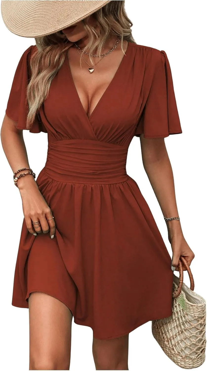 Milumia Women's Summer Ruched A Line Wrap Mini Dress Short Sleeve V Neck Swing Short Dress
