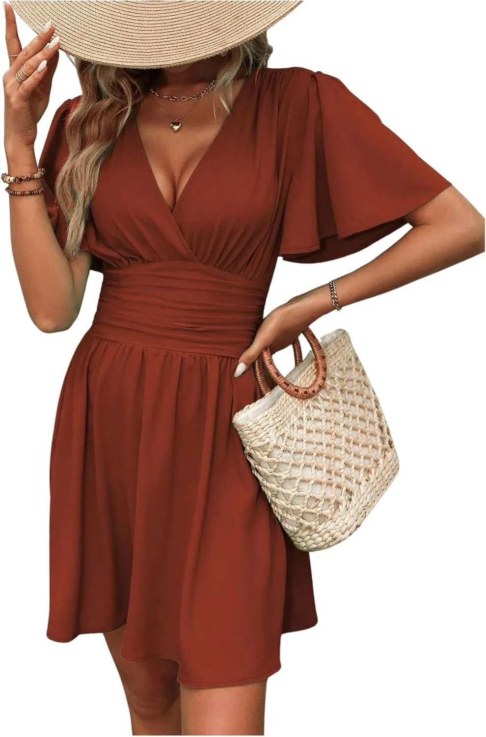 Milumia Women's Summer Ruched A Line Wrap Mini Dress Short Sleeve V Neck Swing Short Dress