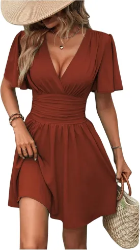 Milumia Women's Summer Ruched A Line Wrap Mini Dress Short Sleeve V Neck Swing Short Dress