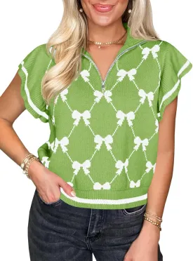 Saodimallsu Womens Ruffle Short Sleeve Knit Tops Summer Quarter Zip Cute Bow Print V Neck Collared Sweater Vest