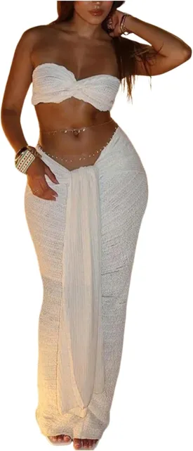 SOLY HUX Women's 2 Piece Outfits Twist Strapless Bandeau Crop Tops and Tie Front Bodycon Maxi Skirt Set