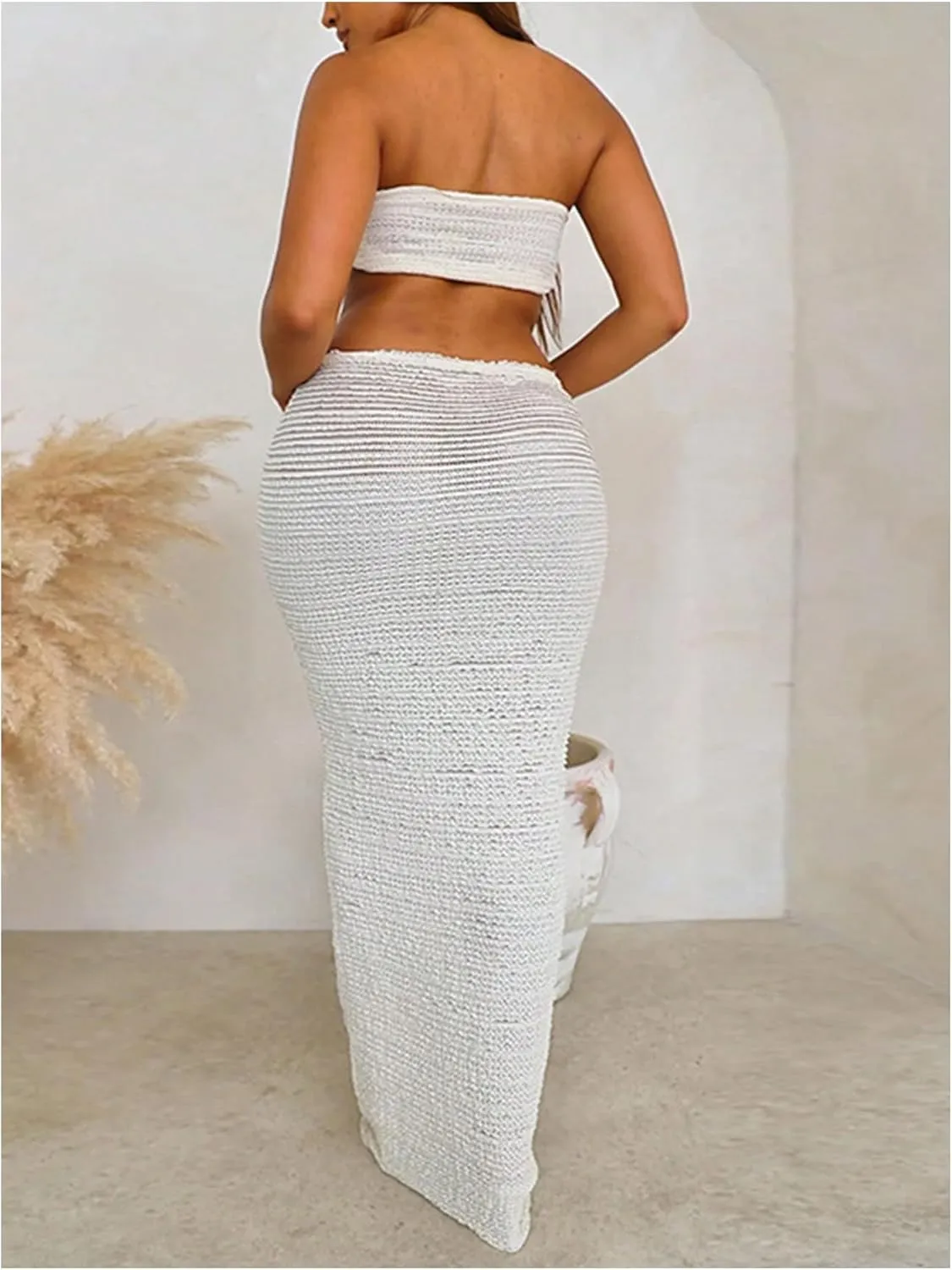 SOLY HUX Women's 2 Piece Outfits Twist Strapless Bandeau Crop Tops and Tie Front Bodycon Maxi Skirt Set