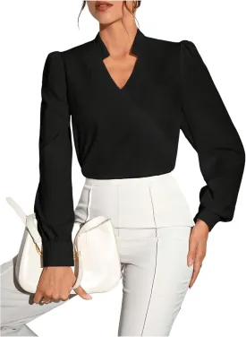 SweatyRocks Women's Wrap Front Blouse Notch V Neck Puff Long Sleeve Shirt Top