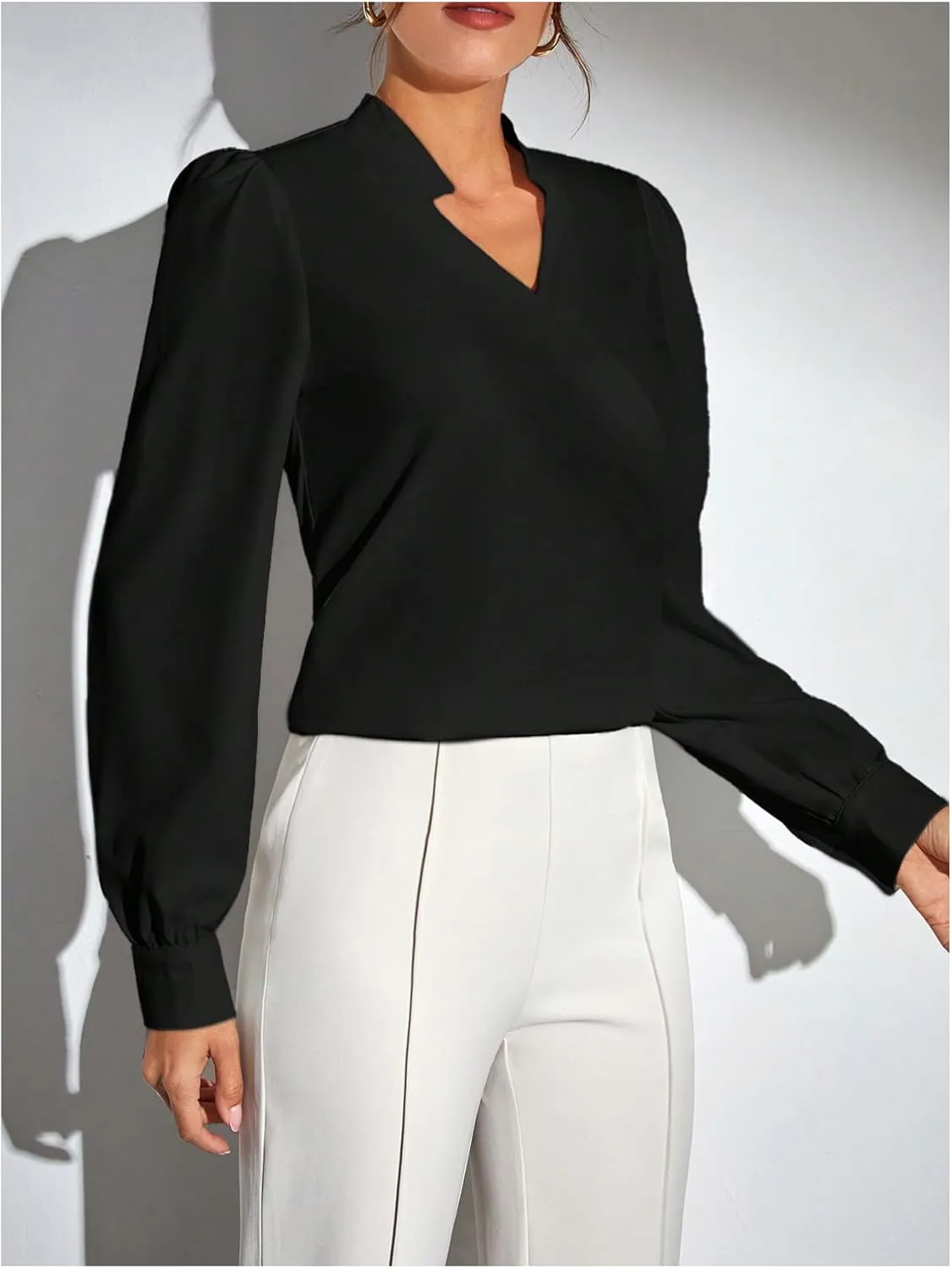 SweatyRocks Women's Wrap Front Blouse Notch V Neck Puff Long Sleeve Shirt Top