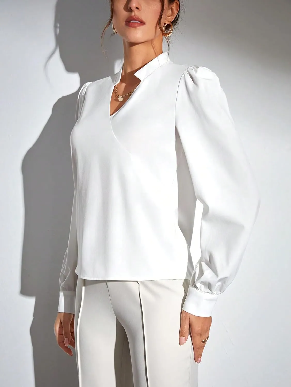 SweatyRocks Women's Wrap Front Blouse Notch V Neck Puff Long Sleeve Shirt Top