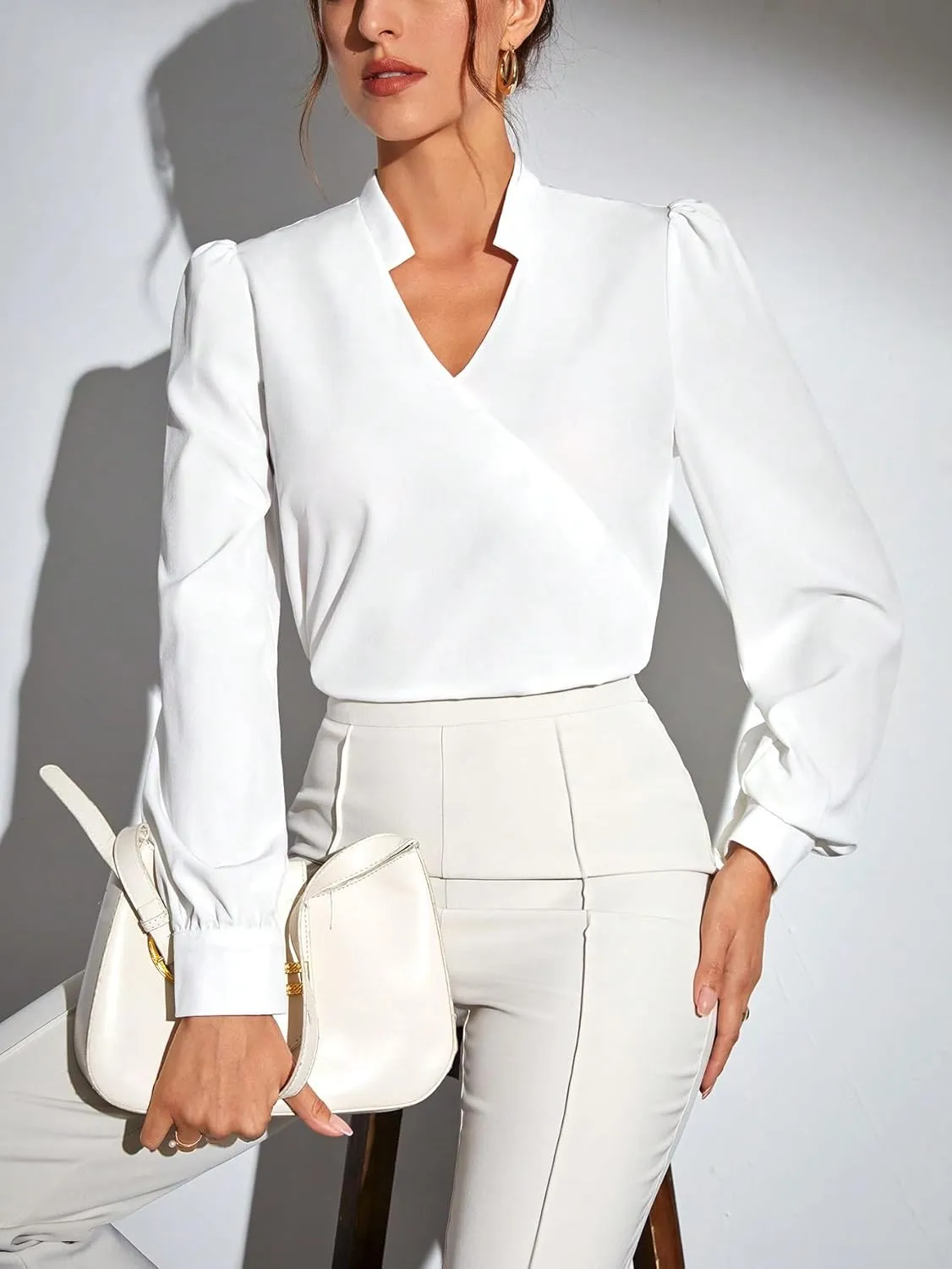 SweatyRocks Women's Wrap Front Blouse Notch V Neck Puff Long Sleeve Shirt Top