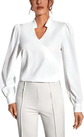 SweatyRocks Women's Wrap Front Blouse Notch V Neck Puff Long Sleeve Shirt Top
