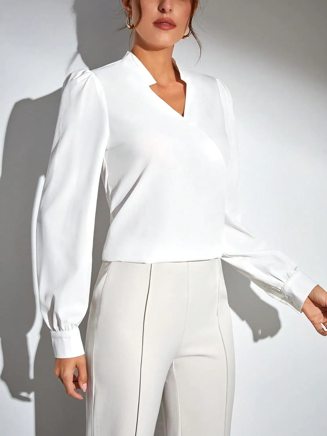 SweatyRocks Women's Wrap Front Blouse Notch V Neck Puff Long Sleeve Shirt Top