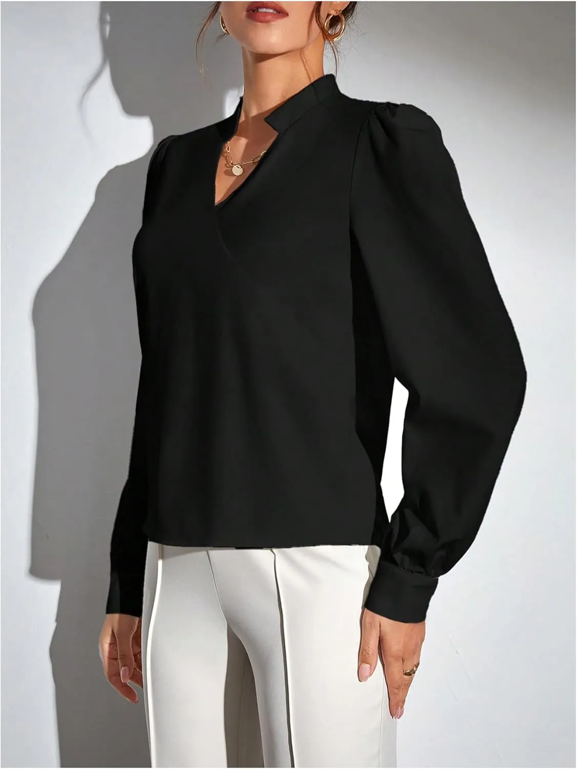 SweatyRocks Women's Wrap Front Blouse Notch V Neck Puff Long Sleeve Shirt Top