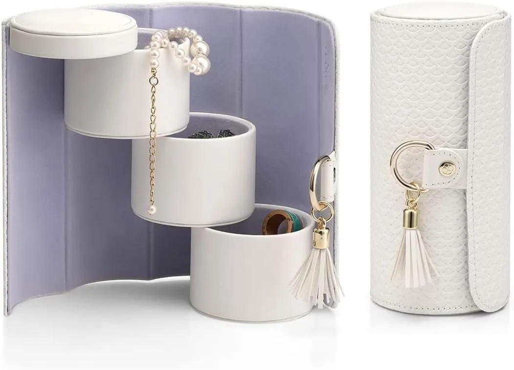 Vlando Travel Jewelry Roll Box Organizer, Leather 3-Section Jewelry Storage Sorter Holder for Necklaces Earrings Rings Brackets, Perfect Companion in the Trip, White