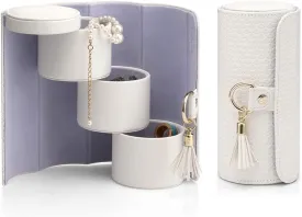Vlando Travel Jewelry Roll Box Organizer, Leather 3-Section Jewelry Storage Sorter Holder for Necklaces Earrings Rings Brackets, Perfect Companion in the Trip, White