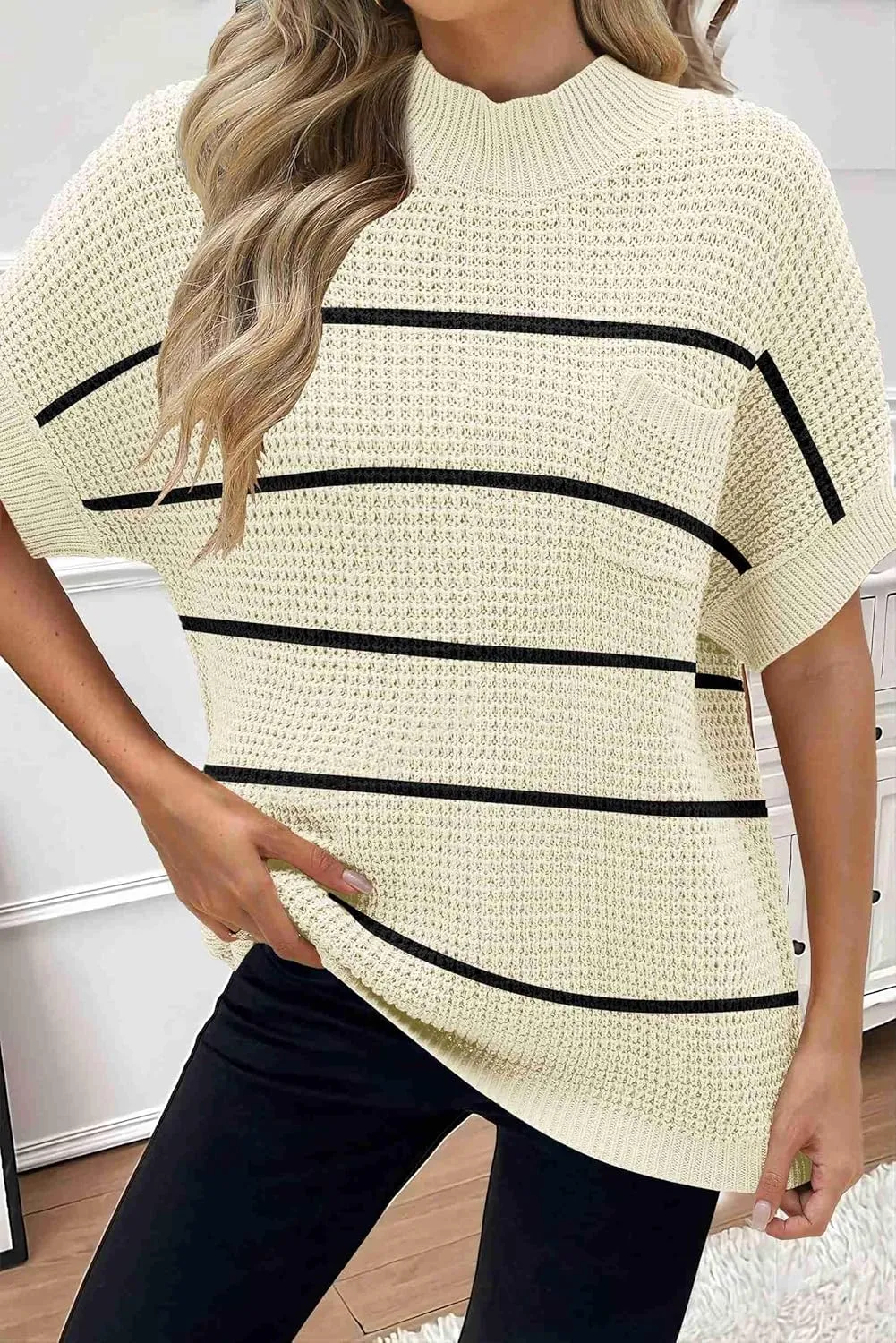 Women 2024 Sweater Vest Mock Neck Batwing Short Sleeve Oversized Ribbed Knit Tops Fall Pullover Sweater S-XXL