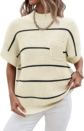 Women 2024 Sweater Vest Mock Neck Batwing Short Sleeve Oversized Ribbed Knit Tops Fall Pullover Sweater S-XXL