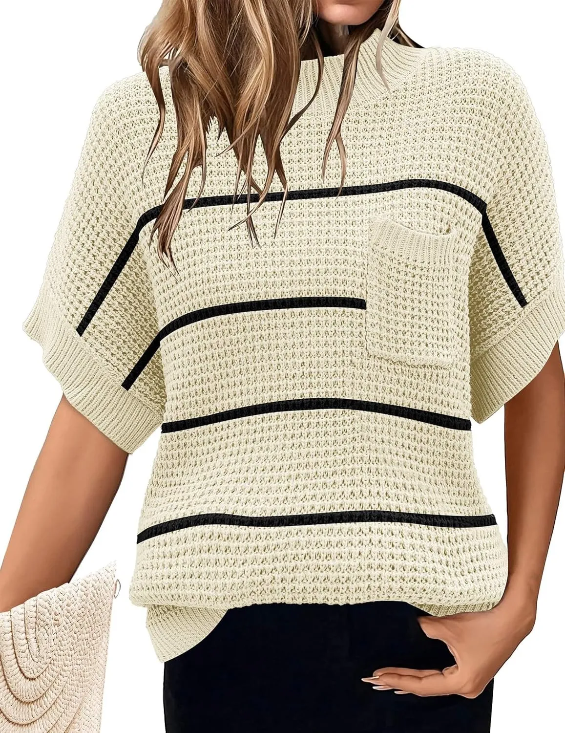 Women 2024 Sweater Vest Mock Neck Batwing Short Sleeve Oversized Ribbed Knit Tops Fall Pullover Sweater S-XXL