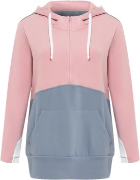Women's Casual Half Zip Sweatshirts Loose Long Sleeve Color Block Hoodie with Pocket