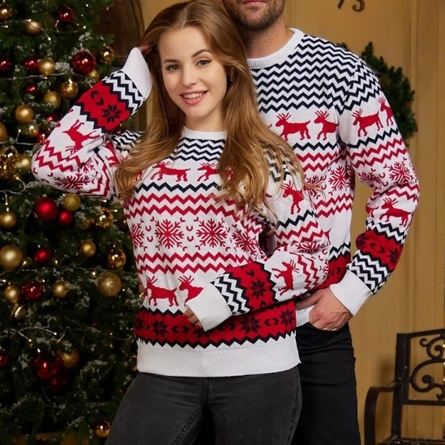 Women's Petite Small Animal Print Religion Themed Round Neck Long Sleeve Knit Pullover Sweater