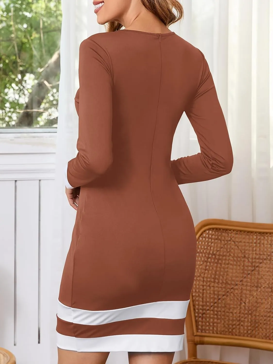 Women's Work Dress Business Casual Colorblock Striped Elegant Long Sleeve Crewneck Knit Bodycon Mini Dress