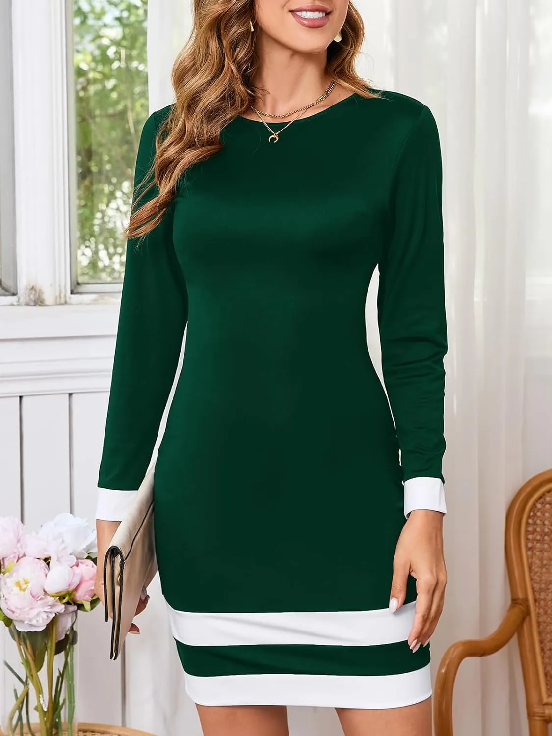 Women's Work Dress Business Casual Colorblock Striped Elegant Long Sleeve Crewneck Knit Bodycon Mini Dress