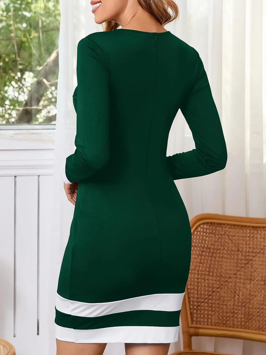 Women's Work Dress Business Casual Colorblock Striped Elegant Long Sleeve Crewneck Knit Bodycon Mini Dress