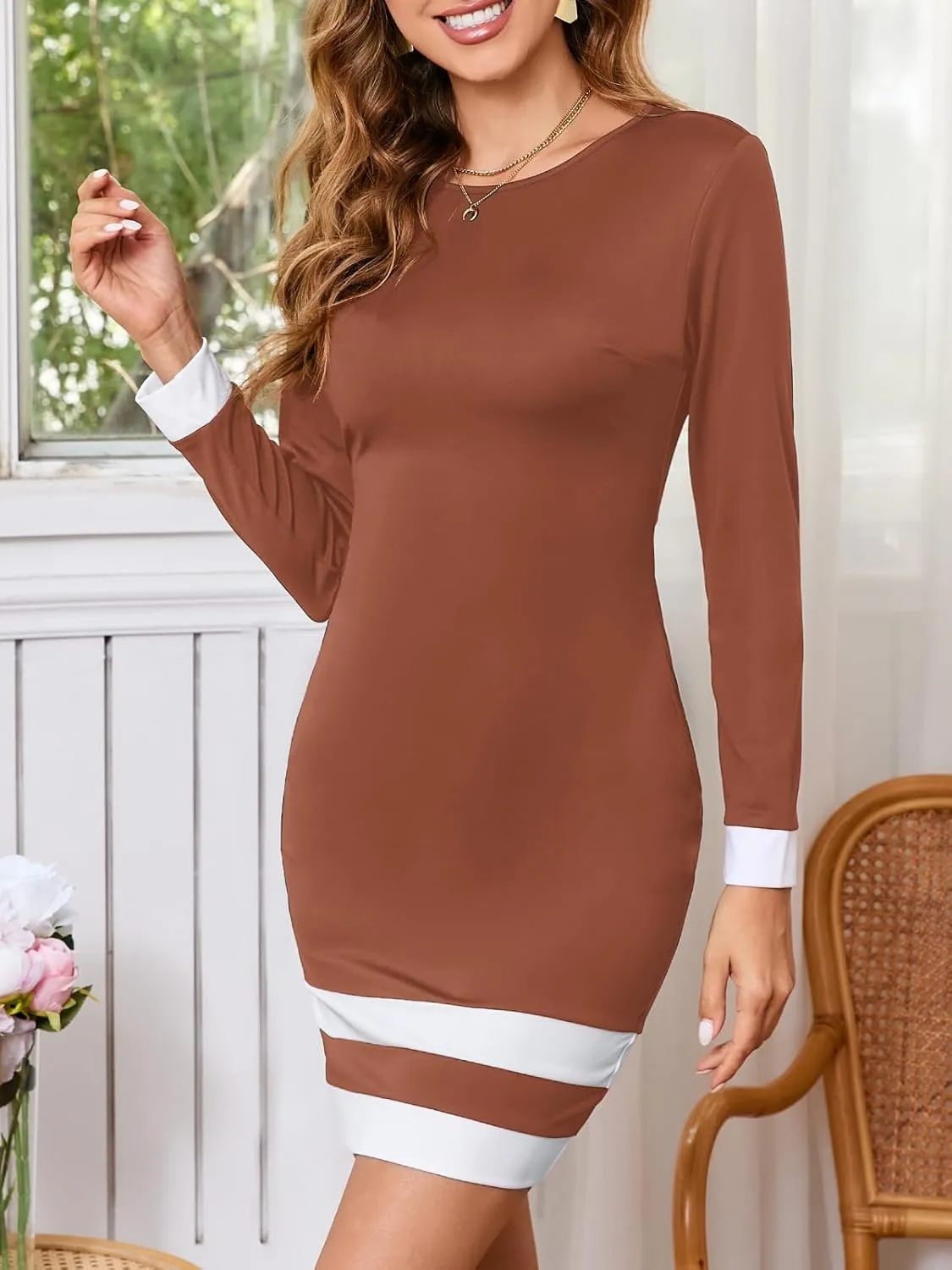 Women's Work Dress Business Casual Colorblock Striped Elegant Long Sleeve Crewneck Knit Bodycon Mini Dress